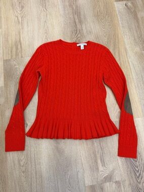 Autumn Cashmere Orange-Red Cable-Knit Pleated Hem Sweater